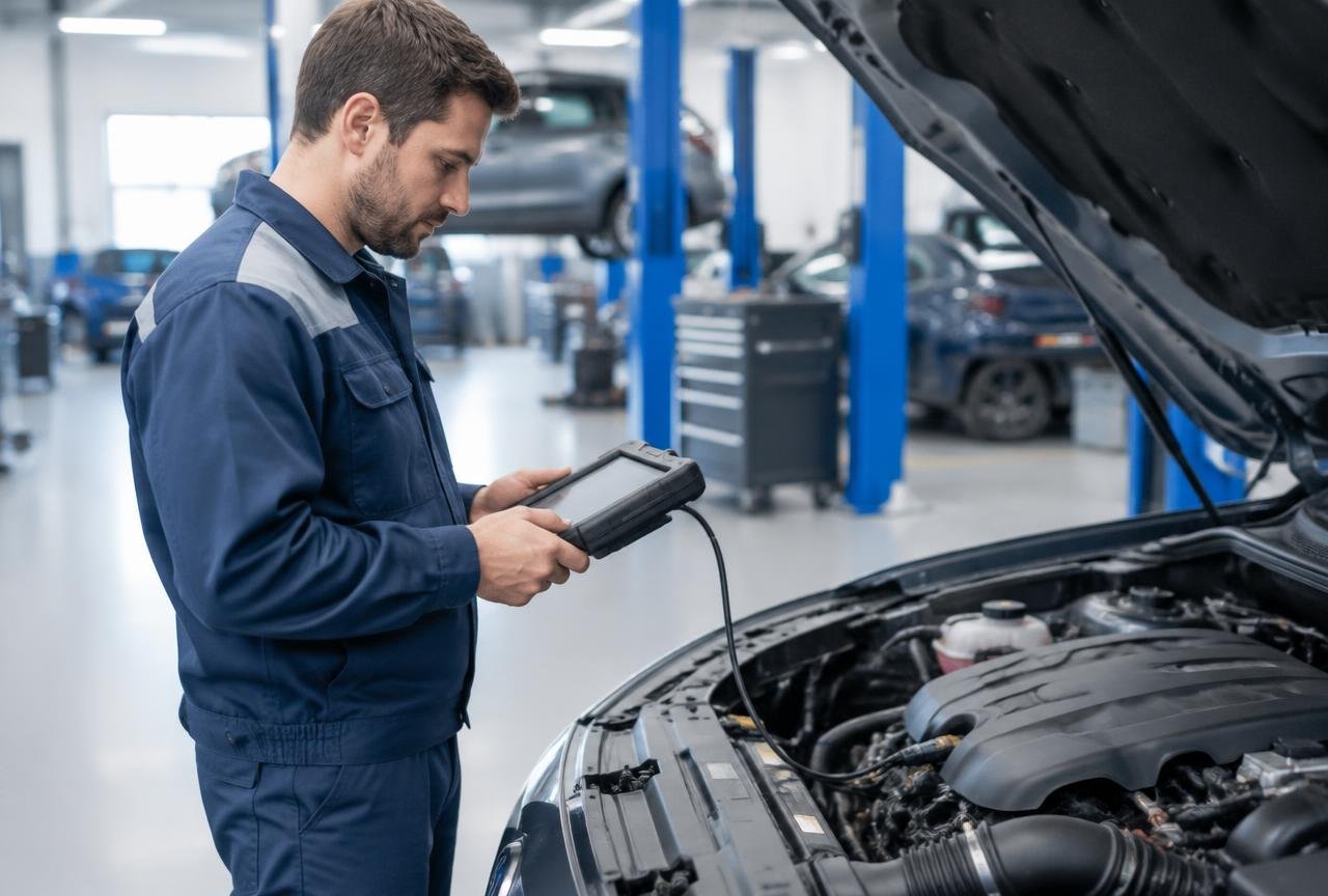 Mecánico revisando el motor con un escáner de diagnóstico